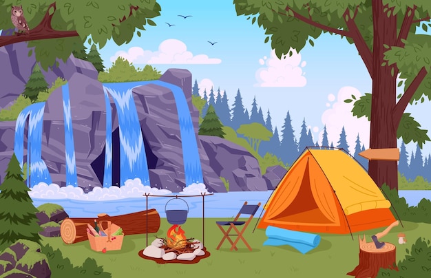 Campsite view Wild nature camping landscape with tent and campfire summer forest camp flat vector illustration Cartoon camping view