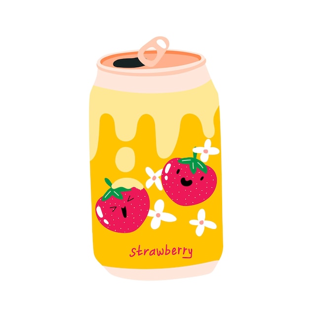 can of soda with strawberry with creaml aluminum can of lemonade kawaii cute fruits