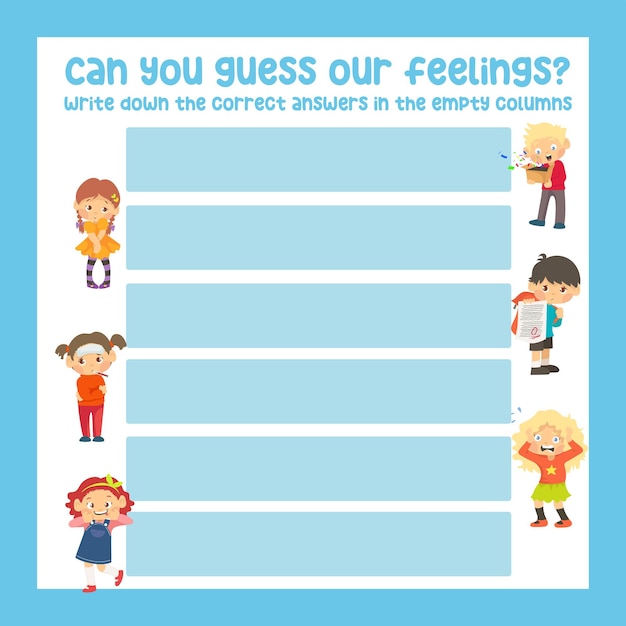 Can you guess our feelings Writing practice worksheet Writing activity for children Printable activity page for kids Vector file