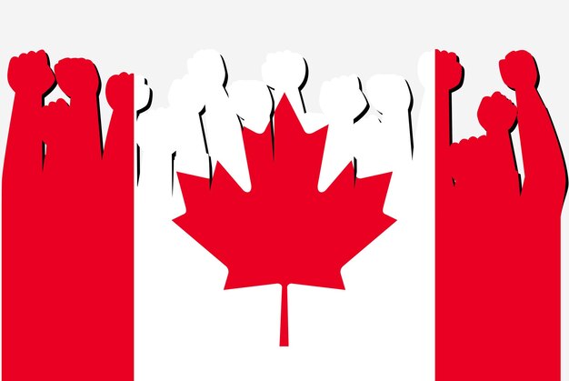 Canada flag with raised protest hands vector country flag logo Canada protesting concept