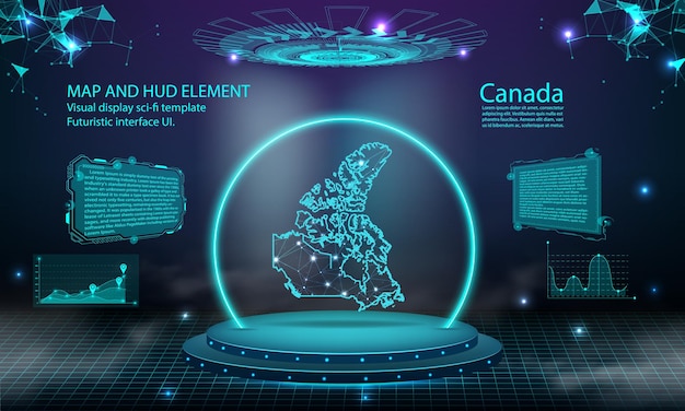 Canada map light connecting effect background abstract digital technology UI GUI futuristic HUD Virtual Interface with canada map Stage futuristic podium in fog