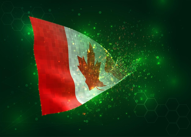 Canada on vector 3d flag on green background with polygons and data numbers