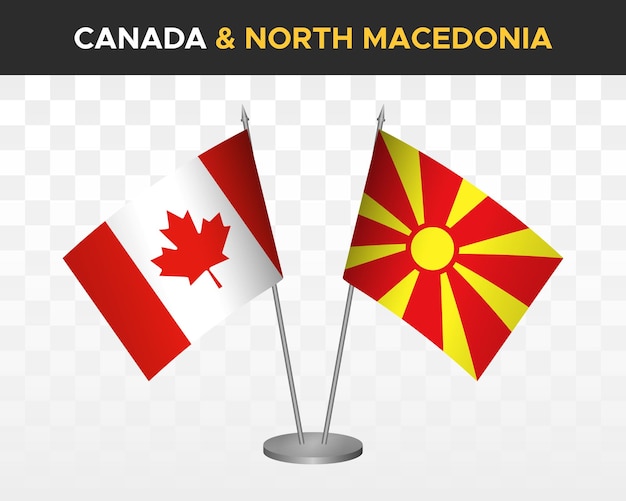 Canada vs North Macedonia desk flags mockup isolated on white 3d vector illustration table flags