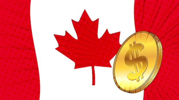 Vector canadian dollar gold coin with cad currency sign and the colored flag of canada on background currency by central bank of canada