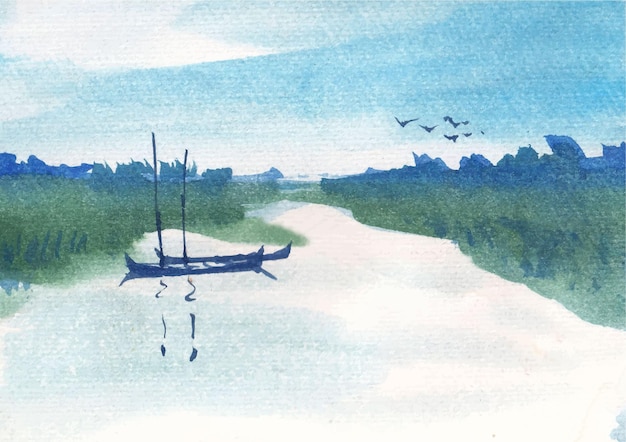 Canal in village with boats watercolor landscape