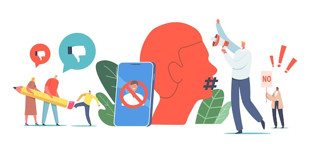 Cancel Culture Ban Concept. Characters Erasing Person with Huge Pencil Eraser, Tiny Activists with Loudspeaker against Erase Identity, Riot at Huge Smartphone. Cartoon People Vector Illustration