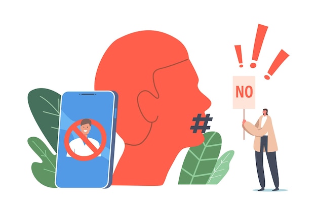 Vector cancel culture ban concept. tiny activist character with loudspeaker riot against erase identity at huge smartphone and human head with hashtag covering mouth. cartoon people vector illustration