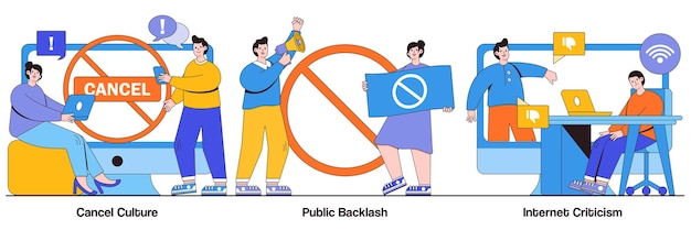 Cancel culture, public backlash, Internet criticism concept with tiny people. Social media behavior vector illustration set. Group shaming, boycott, hate speech, bias and discrimination metaphor.