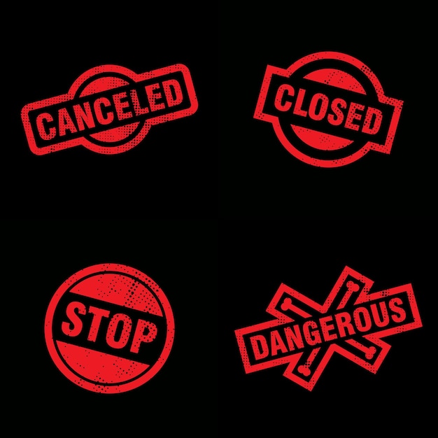 Canceled dangerous stop closed red stamp logo set