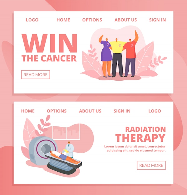 Cancer and people doctors, patients   illustration set of web banners, medical examination, oncological treatment.