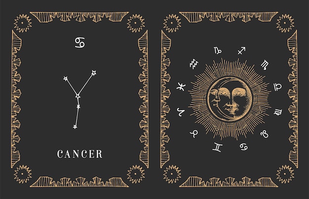 Cancer zodiac constellation old card in vector