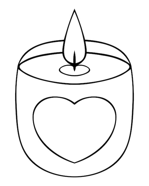 A candle in a candlestick decorated with a heart. Relaxing environment. Hot flame. Doodle style