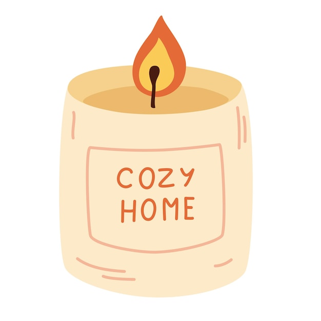 Candle for home. Paraffin aromatic candle for aroma therapy. Hygge time. Candle in glass jar. Cute hygge home decoration, holiday decorative design element. Hand draw vector illustration