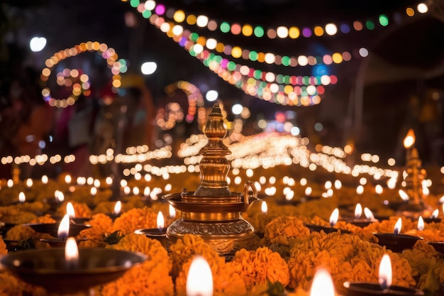 a candle is lit with a garland of flowers and lights