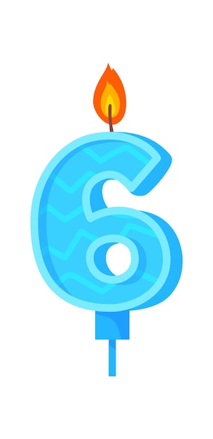 Candle number six. Celebration 6 yers with flickering flame, cartoon vector image isolated on white background