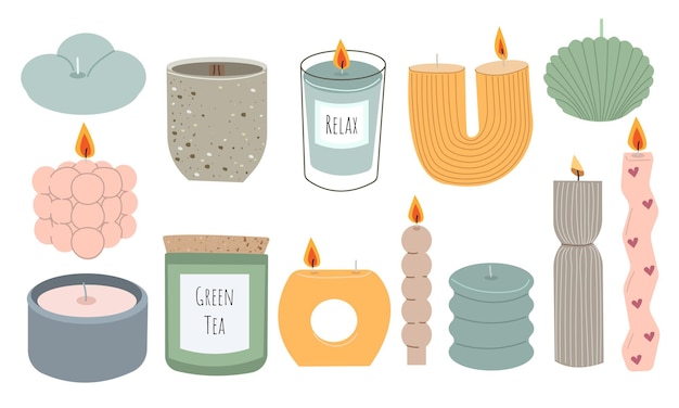 candle vector set illustration different shapes and color cozy