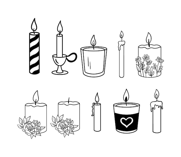 Candle with flowers hand drawn set Vector burning candles sketch isolated on white background