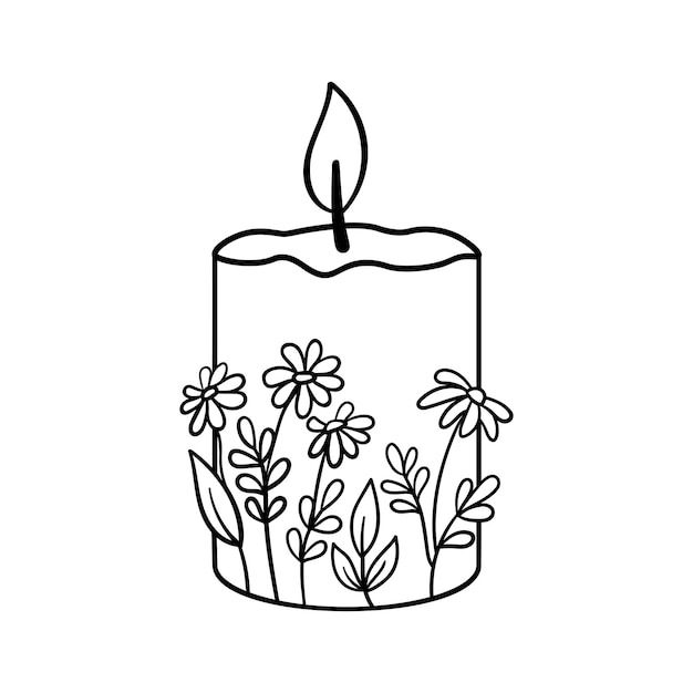 Candle with flowers hand drawn Vector burning candle sketch isolated on white background for coloring book