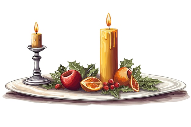 Candle With Fruits watercolor vector art illustration christmas candle red xmas ball background