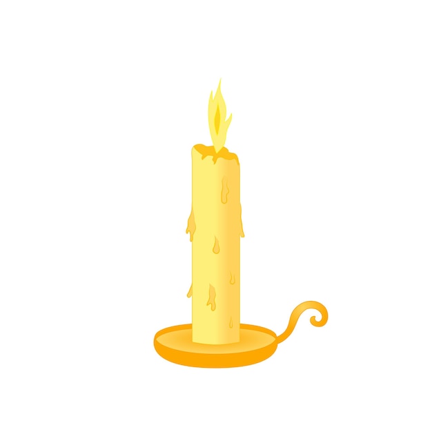 Candle with stand yellow, molten, isolated on white background.