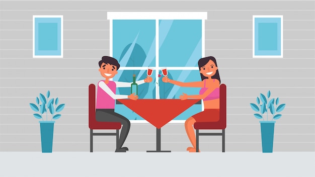 Candlelight dinner Lover's hobbies activities couples spend together on summer ,holidays, Time with loved ones Happiness No place like home concept,Colorful  illustration in flat cartoon style.