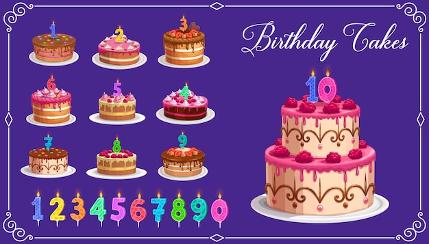 Candles on birthday cakes with age numbers from one to ten isolated icons. Happy birthday child party celebration. Cupcakes and colorful candle digits with fire light, anniversary candlelights