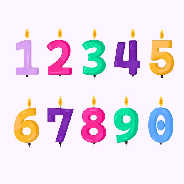 Candles for cake with the number of ages in cartoon style