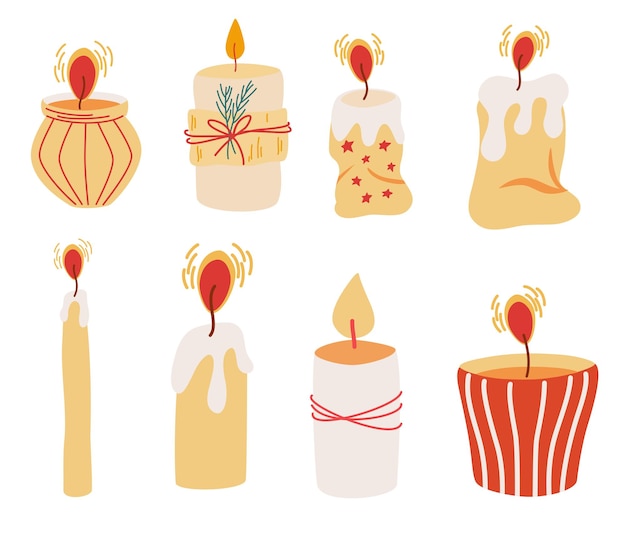 Candles set Decorative wax candles for relax interior decor holiday and Christmas Wax candles Hand drawn vector illustration isolated on the white background