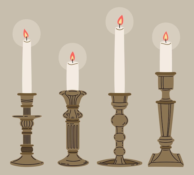 Candles in vintage candelabrum and candlesticks vector Illustration set