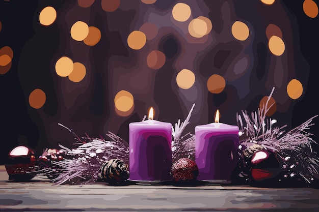 Vector candles with christmas balls in atmospheric light christmas wreath with burning candles