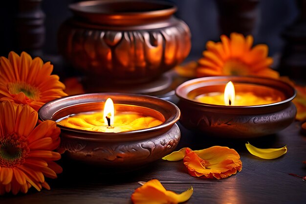 Vector candles with flowers and orange flowers on a table