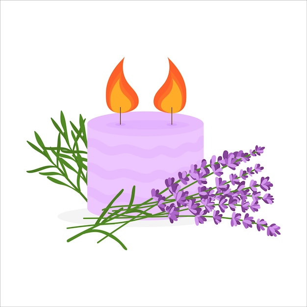 Candles with lavender sprigs Vector illustration isolated on white background