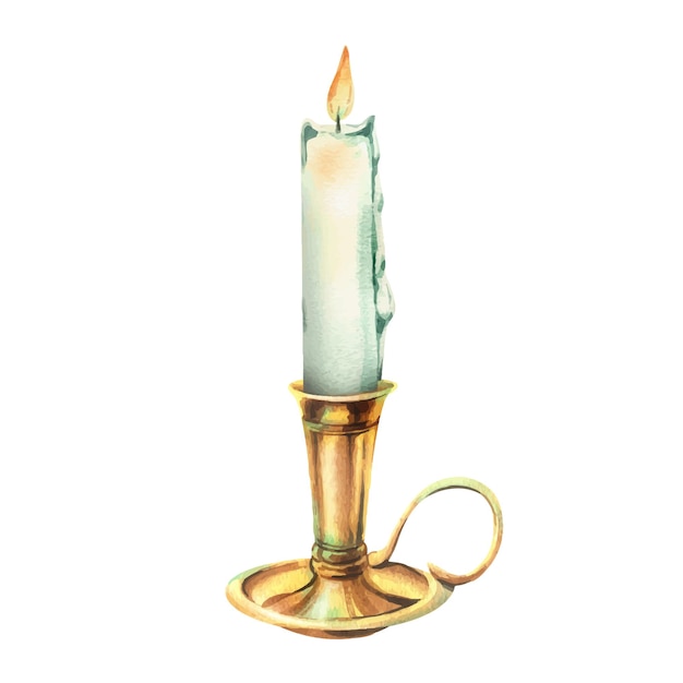 Vector candlestick with handle gold copper bronze with white burning candle with wax drips antique retro