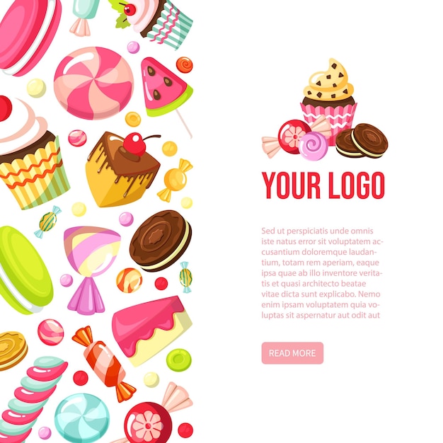 Candy background colored pictures of sweets lollipop and cupcakes vector template with place for per