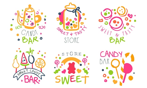 Candy Bar Logo Templates Set Sweet and Tasty Store Bright Hand Drawn Badges Vector Illustration