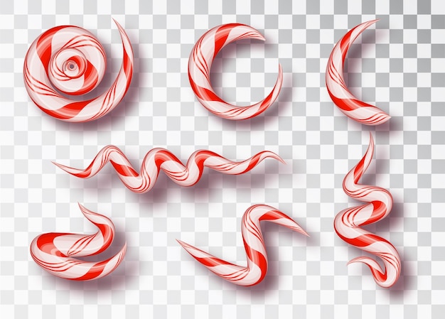 Vector candy cane drop. various drops and streaks of sweet caramel red and white twisted cord. christmas candy cane.