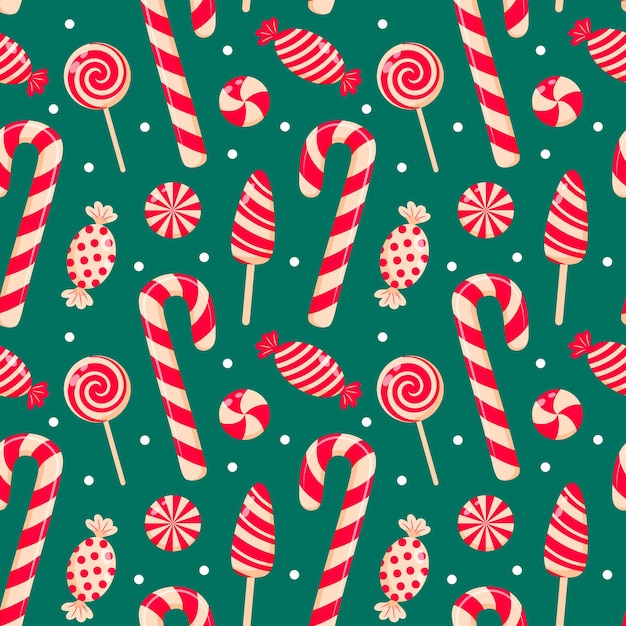 Vector candy cane lollipops and swirl candies seamless pattern cute christmas sweet candy design