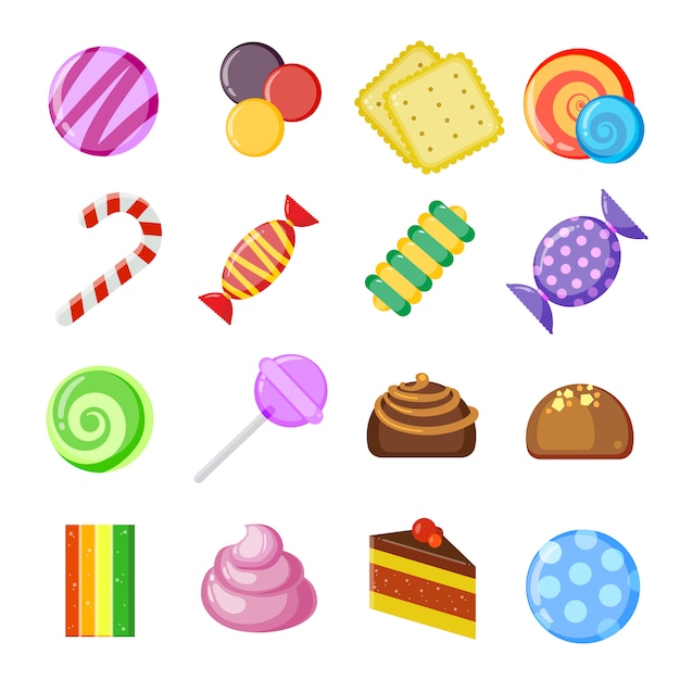 Candy collection concept. Colored and juicy lollipop biscuits chocolate and caramel sweets vector cartoon set