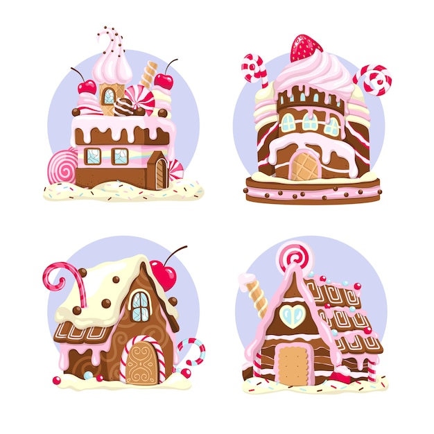 Candy houses, set of sweet, biscuit, cake houses, vector illustration