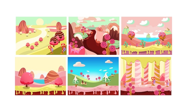 Candy land bright sweet fantasy landscape elements vector Illustration isolated on a white background