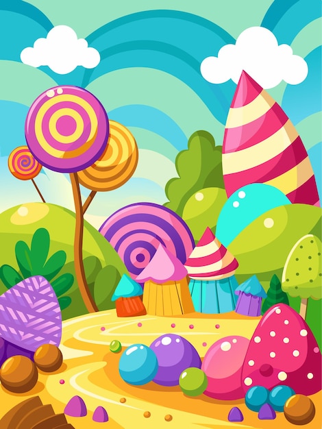 Candy Land Landscape with Lollipop Trees Striped Towers and Gummy Balls