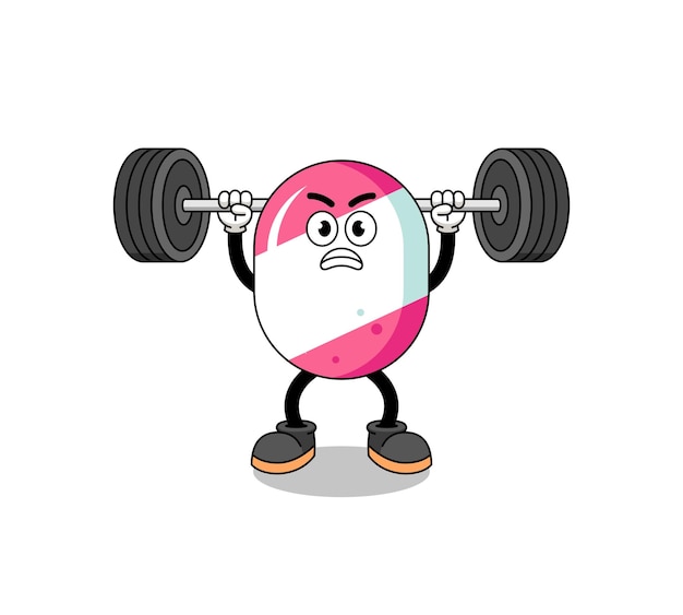 Candy mascot cartoon lifting a barbell