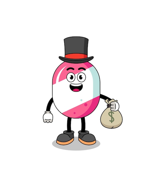 Candy mascot illustration rich man holding a money sack