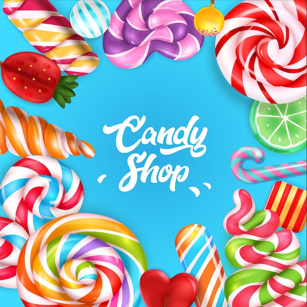 Candy shop blue background framed by colorful sweets and lollipops