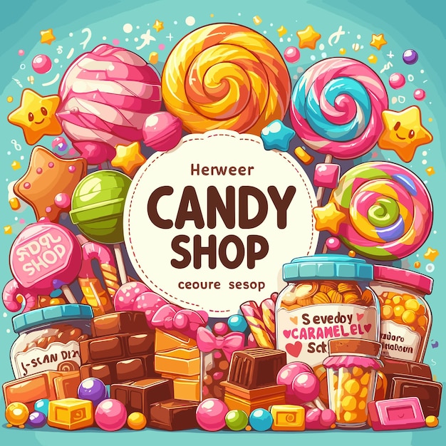 Vector candy shop composition with sweet cartoon caramel products and lollipop with text in frame