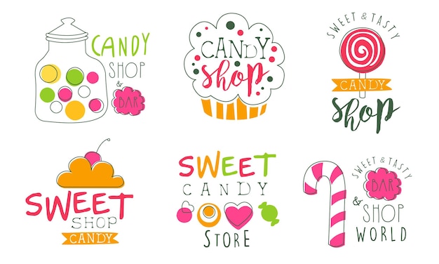 Candy Shop Logo Templates Set Sweet and Tasty Bar and Store Bright Hand Drawn Badges Vector Illustration