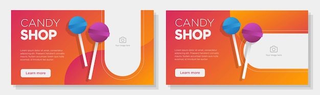 Candy shop online banner template set sweet delicious lollipop corporate advertisement horizontal