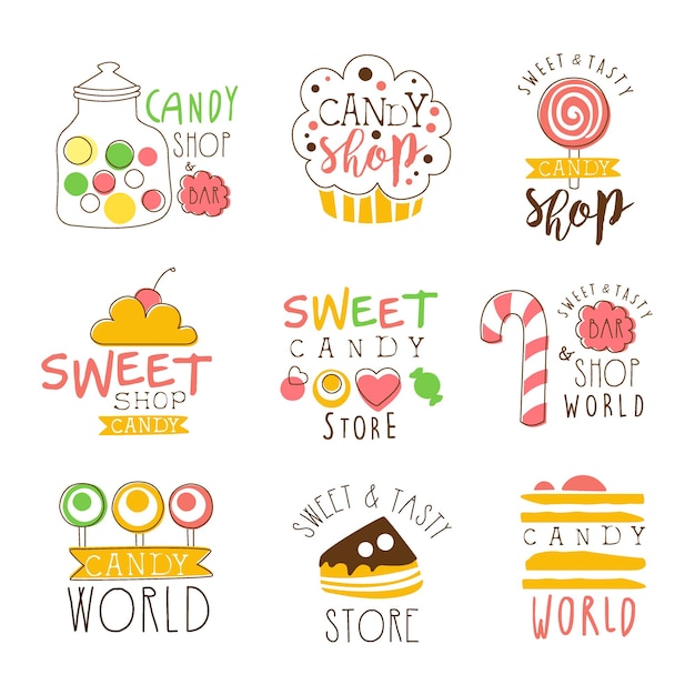 Candy Shop Promo Signs Series Of Colorful Vector Design Templates With Sweets And Pastry Silhouettes