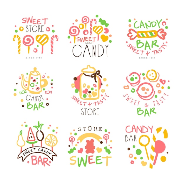 Candy Shop Promo Signs Set Of Colorful Vector Design Templates With Sweets And Pastry Silhouettes