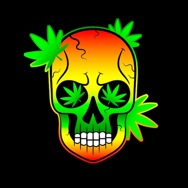 Cannabis leafs and skull on black grunge background